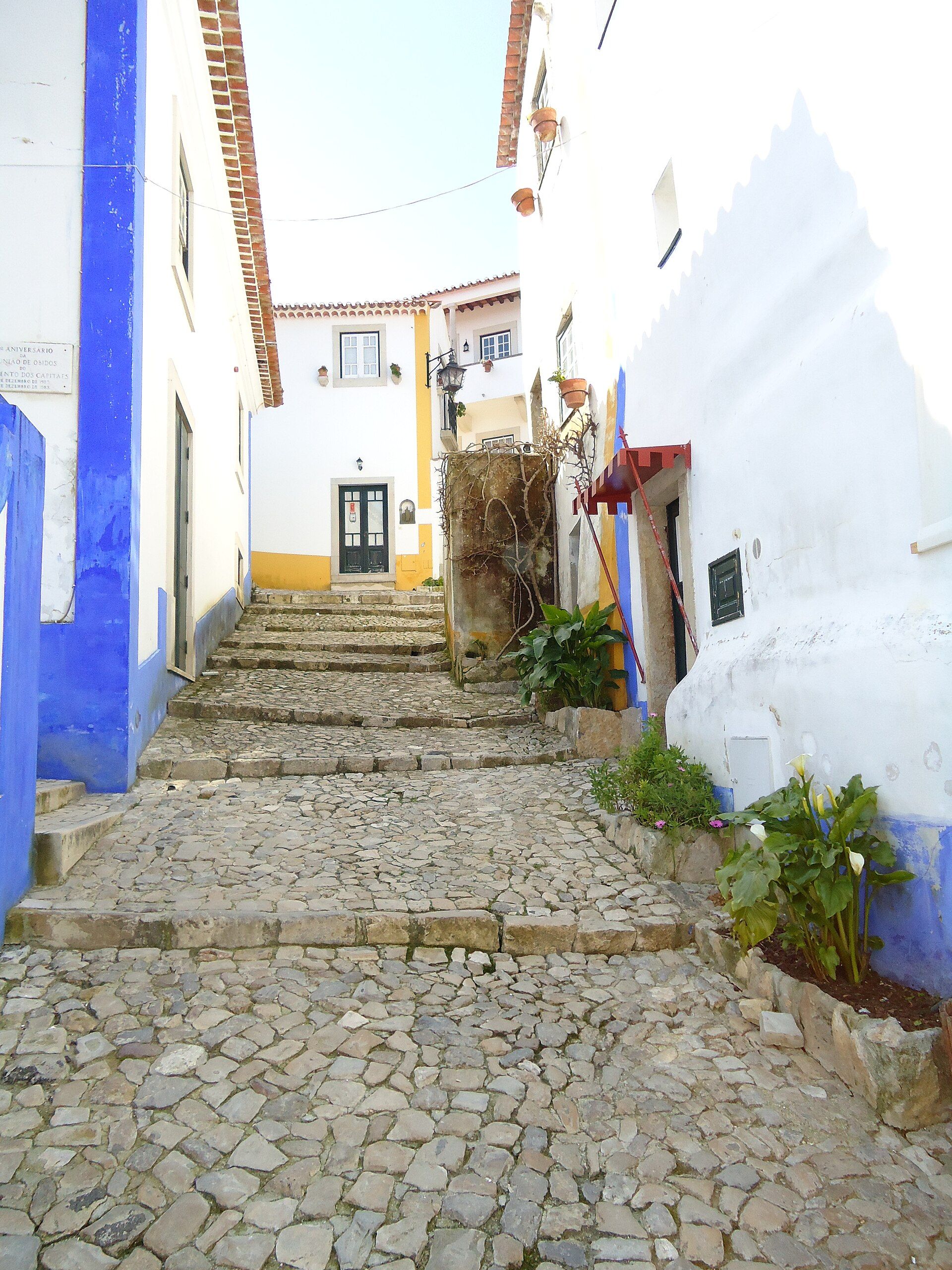 Ruelle blanche et bleue ensoleillée à Óbidos